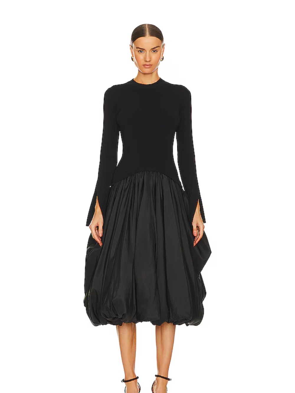 SIMKHAI Kenlie Black Mixed-Media Bubble Skirt Midi-Dress Gown Sz L NWT